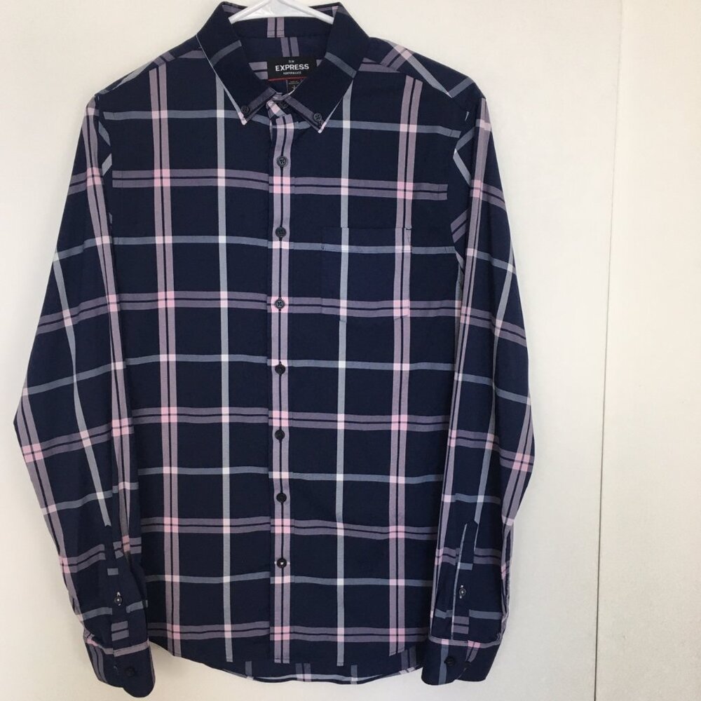 Express Men's Slim Performance Moisture-Wicking Stretch Button Down Plaid Shirt
